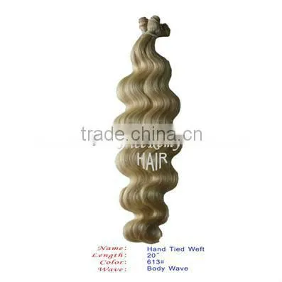 hand tied weft blonde curly remy weft hair extension body wave 100% human hair