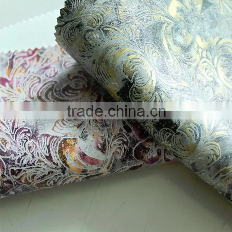 2016 hot sell Multi-color spraying printing pattern pu artificial leather fabrics 100% visco faux leather for bags garment