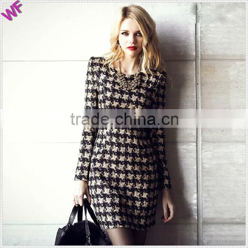 Custom Made inj China Houndstooth Winter Long Sleeve Dress