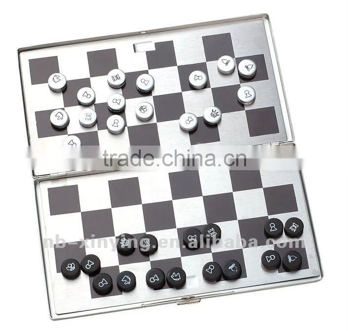 mini aluminum magnetic travel chess game in folded box