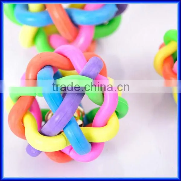 Colorful rainbow soft rubber dog chew bell ball, TPR woven teeth-cleaning pet toy chew bell ball