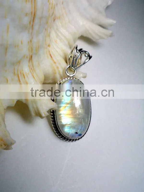 Rainbow Moonstone Cabochon Oval 925 Sterling Silver Pendants , Designer Silver Pendants, Fashionable Silver Pendant
