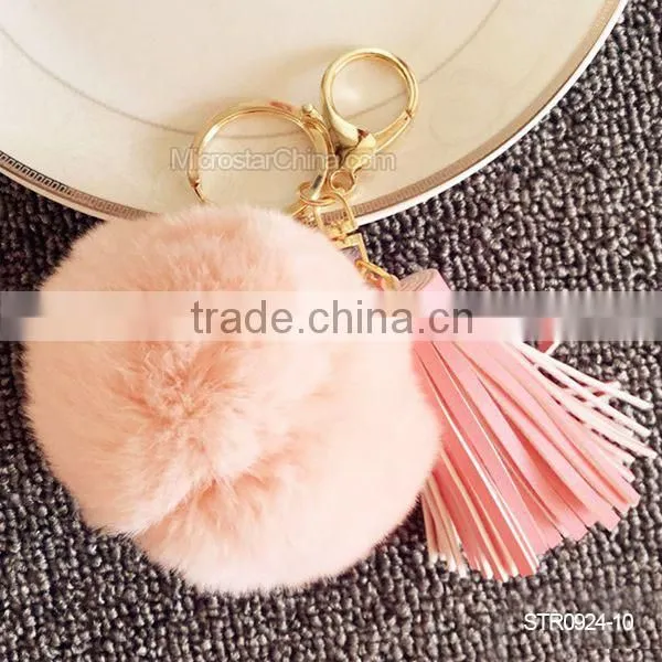 Promotion In Stock Rabbit Fur Ball Leather Tassel Key Chain