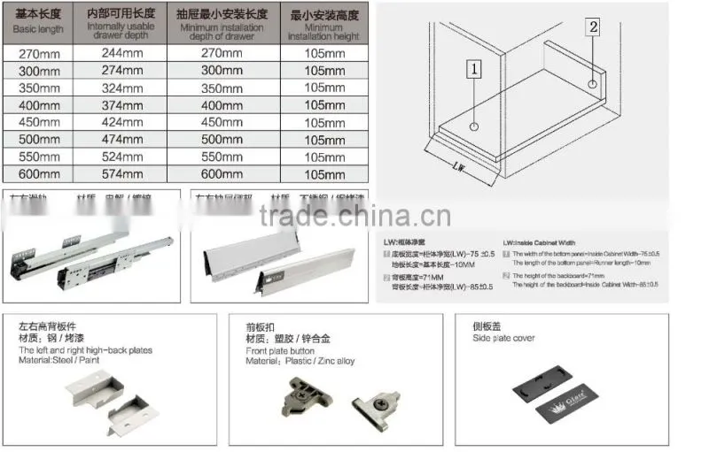 Full Extension Furniture Tandem Box Drawer Slide With Buffer Closing