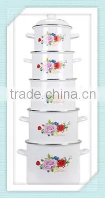 Best Quality Purple Pink Flower Decal Enamel Cookware Set Kitchenware Two Side Elegant Flower Decal Enamel Pot 5 Pcs Set