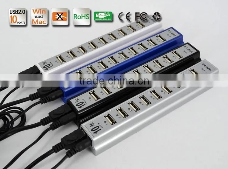 Wholesale Durable 10 Port Hi-Speed USB 2.0 Hub Splitter US Adapter AC Power For PC Laptop 3 Colors