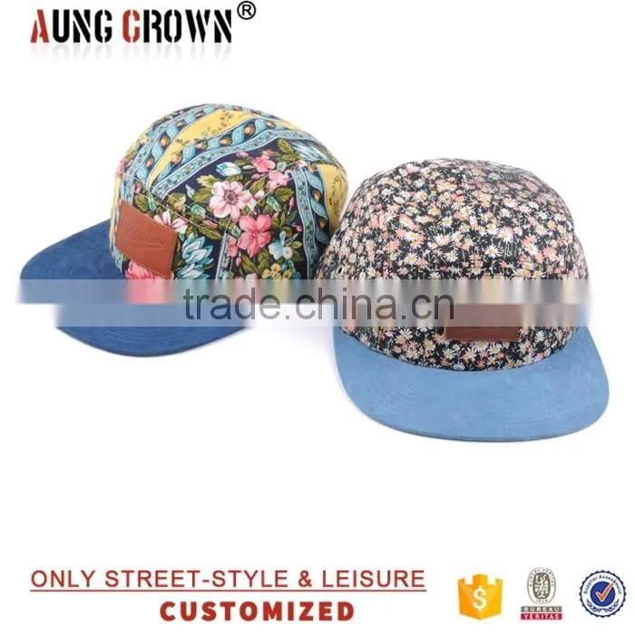leather patch suede brim floral 5 panel cap