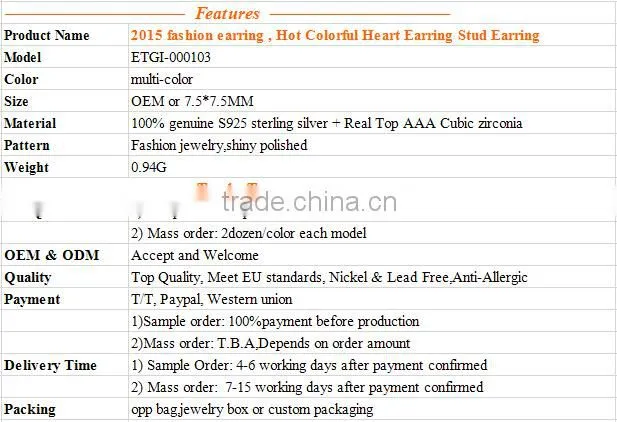 2015 fashion earring , Hot Colorful Heart Earring Stud Earring