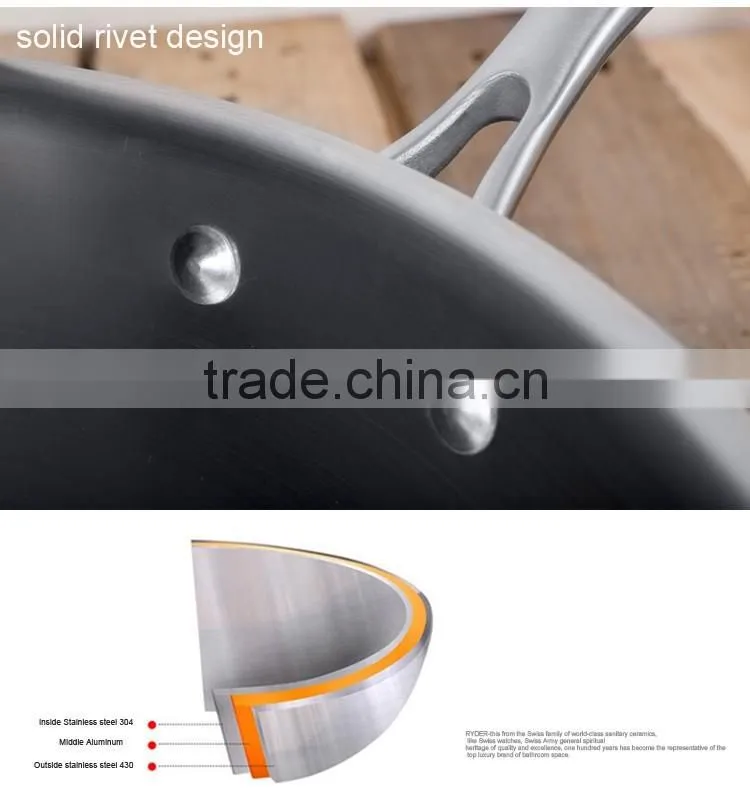 High quality 30cm Tri-ply stainless steel wok with lid/Induction bottom/cast stainless steel handle