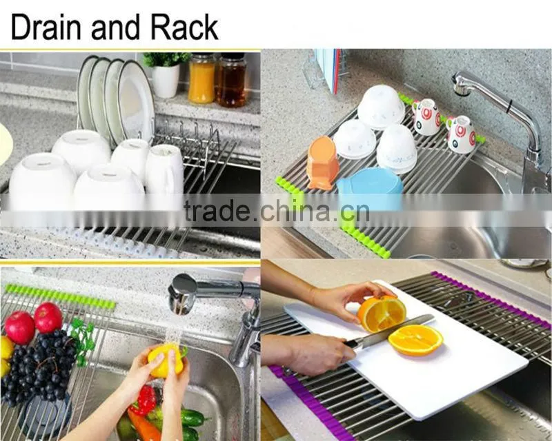 Folding Anti-rust Stainless Steel and Non-slip Silicone Drain Rack