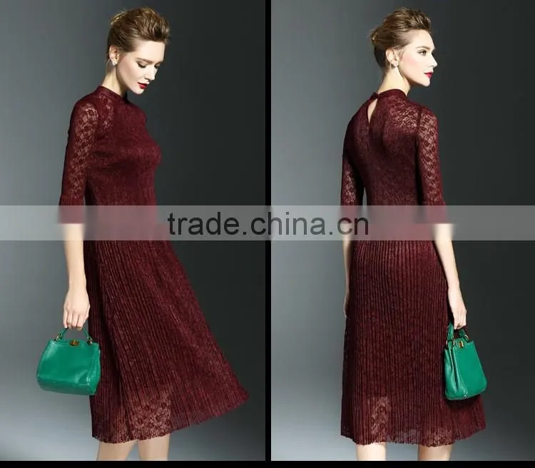 Elegant lady lace hollow out embroidery A-line pleated fold lace dress