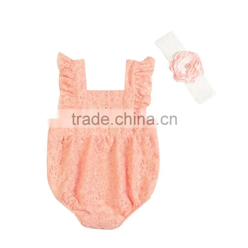 high quality summer infants fashion jumpsuits+headband wholesale baby lace romper set boutique kids petti lace outfit