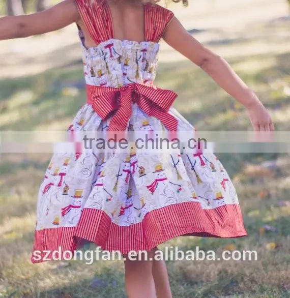 2017 Christmas Girl Party Dress Red Striped Snowman Printed Dress