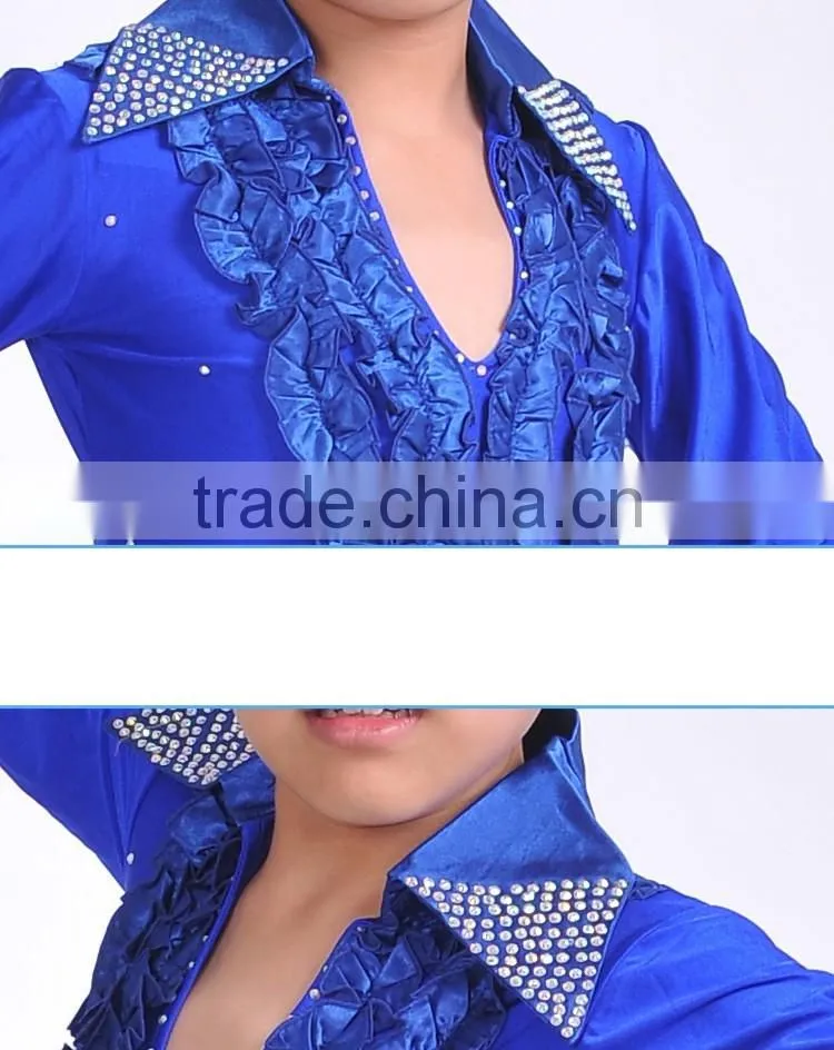 Boys Rhinstone Collar Stage Competition Clothes Kids Long Sleeve Latin Cha-Cha Dance Shirts Leotard