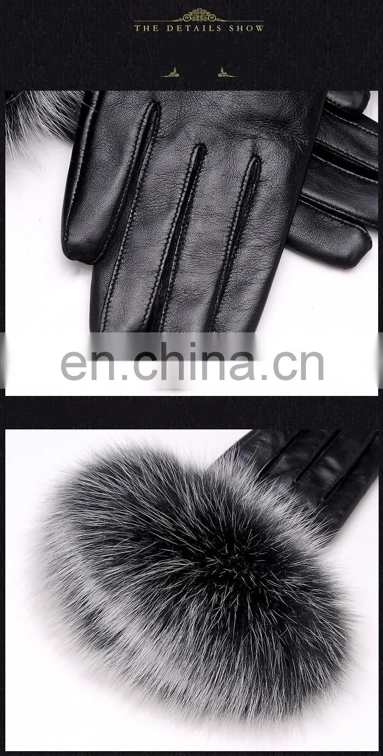 Warm Real Leather Glove With Big Genuine Fox Fur Beautiful Glove