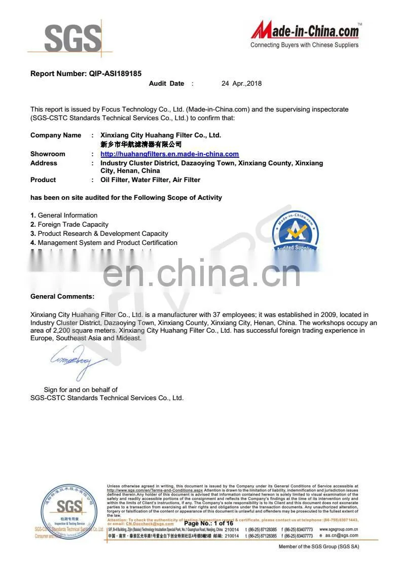 Custom 304 stainless steel diesel filter element for Loader heavy machine