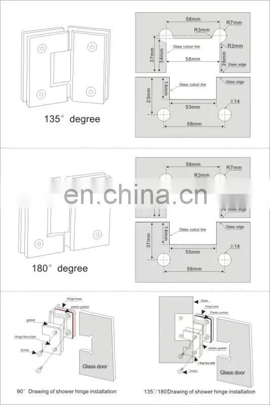 Stainless steel glass to glass 130 degree shower hinge for glass door