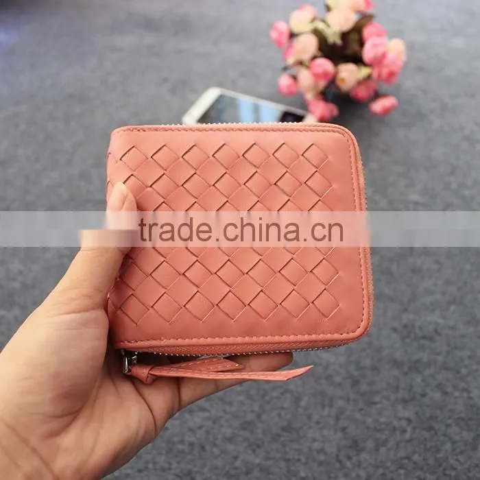 New woven sheep skin ladies leather wallet with zipper leather short wallet for women