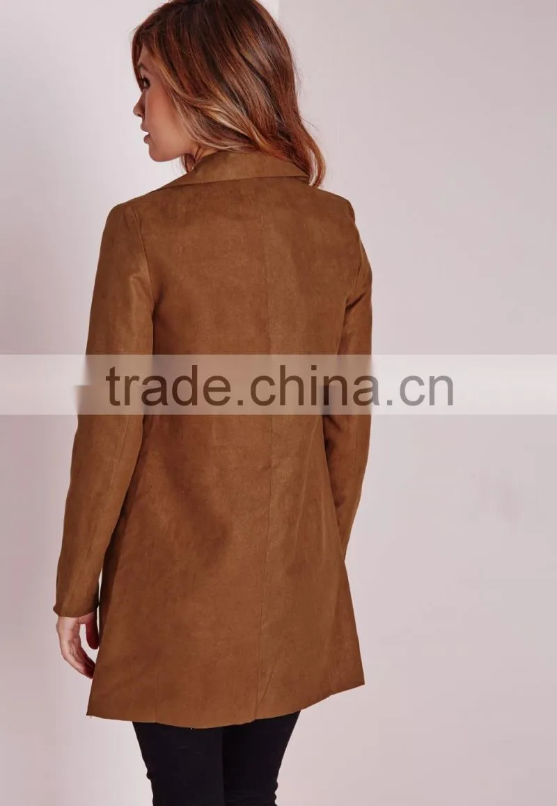2015 Women Winter Long Faux Suede Double Breasted Blazer