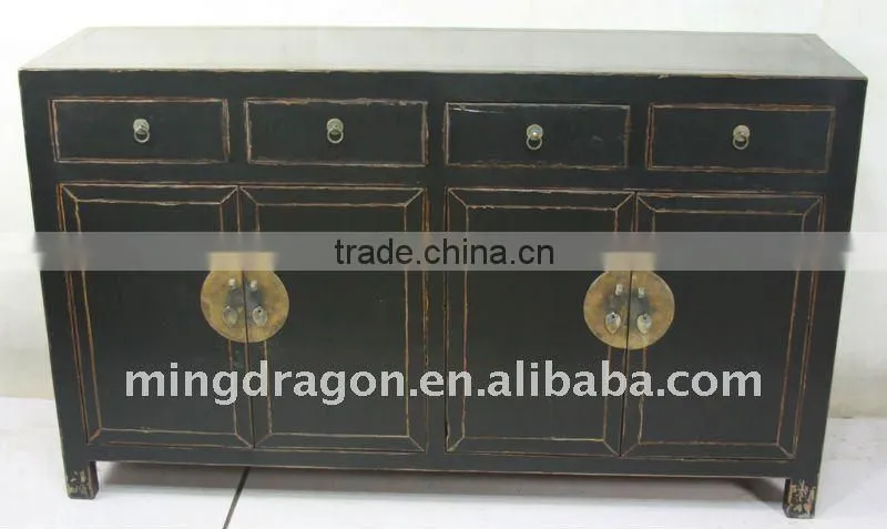 Chinese Antique Style Jilin Black Four Door Four Drawer Cabinet