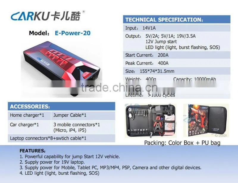 emergency Carku Car Jump Starter to support 3L gasoline vehicles