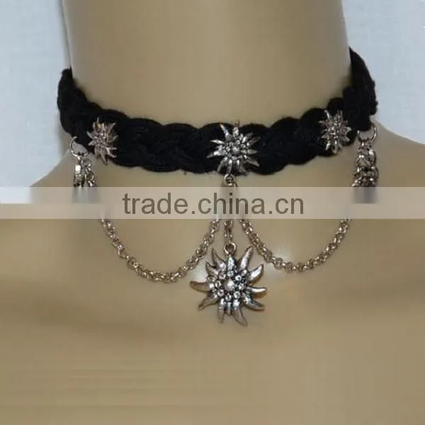 German Ethic Edelweiss White Black Rhinestone Necklace Bracelet Earrings Crystal Oktoberfest Jewelry Set