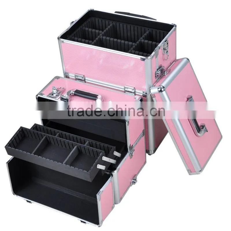 38" Pink 2 in1 Aluminum Rolling Makeup Train Case Lockable Wheeled Cosmetic Box