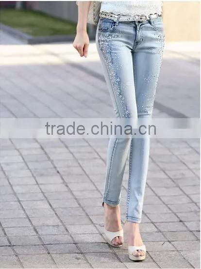 jeans femme 2016 Autumn fashion women jeans Rhinestone Slim Ripped Feet pencil skinny jeans women trousers