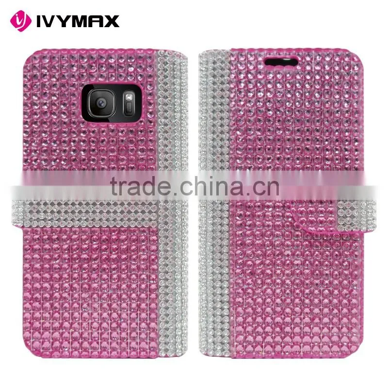IVYMAX Premium Luxury Lady Style Bling Diamond Magnetic Crystal Leather Book Cover for samsung galaxy s7 wallet case