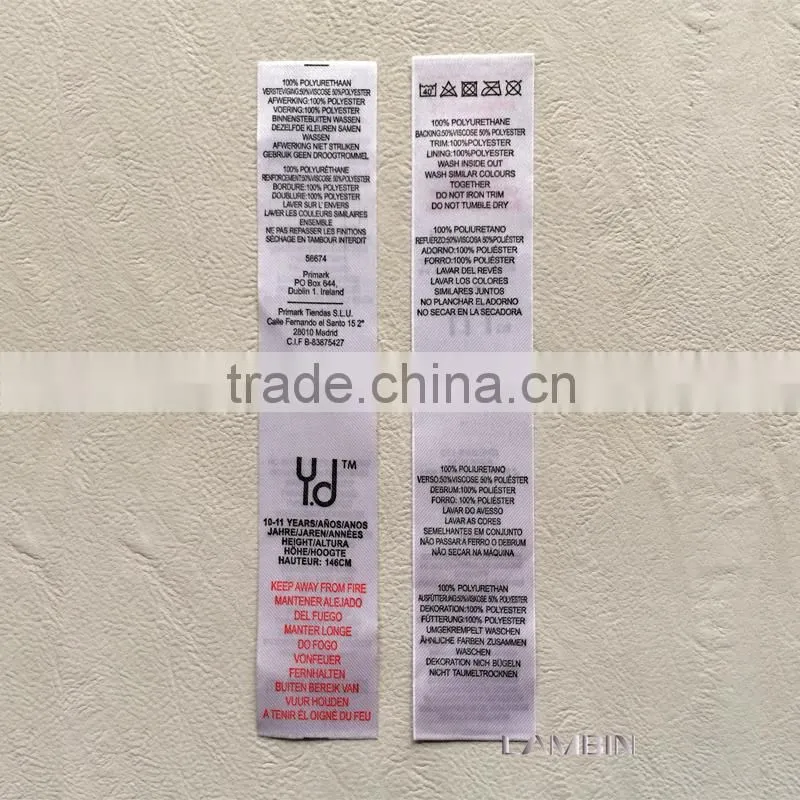 Zhejiang double sides printed garment wash care label tag factory
