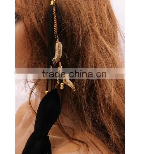 2016 Hot Selling Women Lady Double Layers Braided Hairband Colorful Feather Leaf Pendant Head Band