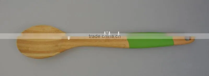2015 Green Color Silicone Longe Handle More Thickness with Bamboo Wooden Spatula and Spoon Flat Utensil Set