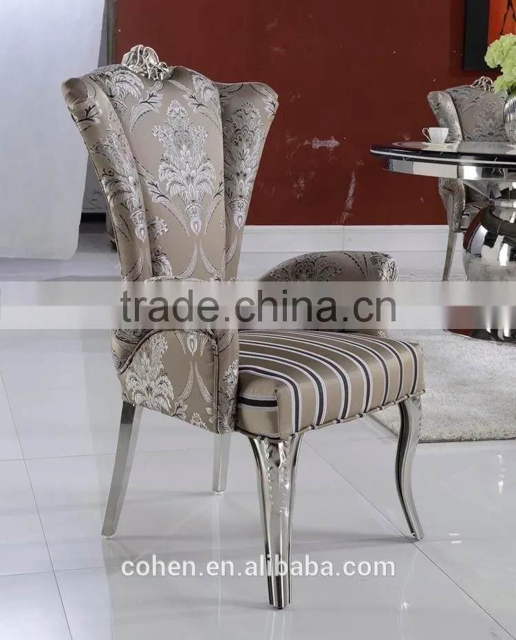 2016 Hot sale elegant high back stainless steel metal reception chair/leisure chair/dining chair with patterned fabric covered