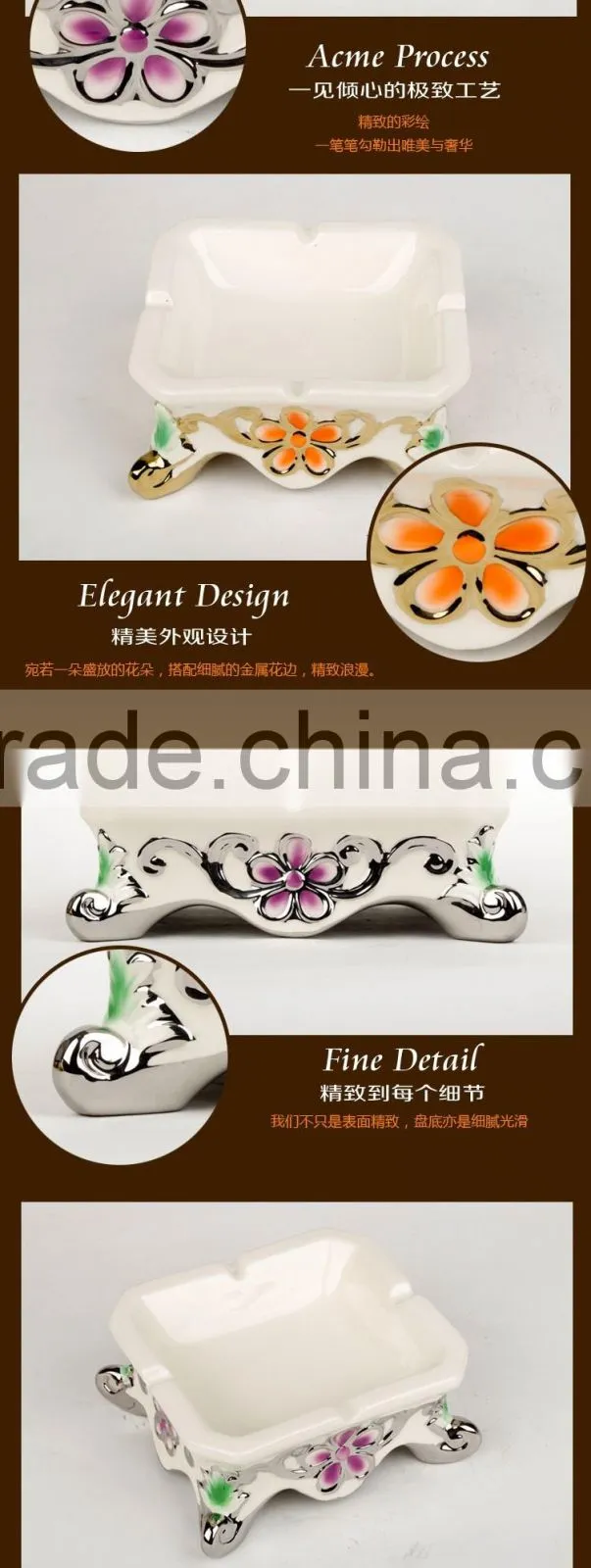 Smoking clear ashtray, square electroplating ceramic ashtray