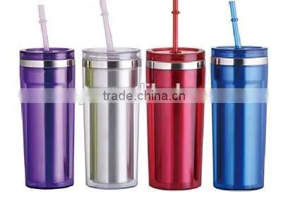 350ml/450ml stainless steel Inner steel outer plastic double layer cup with straw