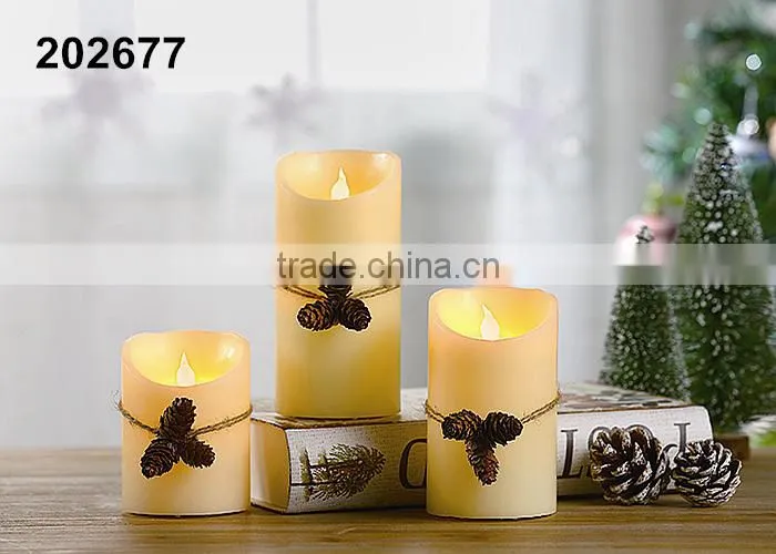 S/3 Flameless LED Christmas Candles With Pinecone Pendant