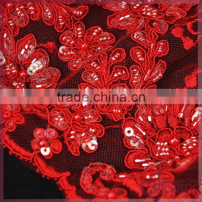 Red floral tulle embroidery with cord lace,sparkle beaded sequin lace fabric for wedding