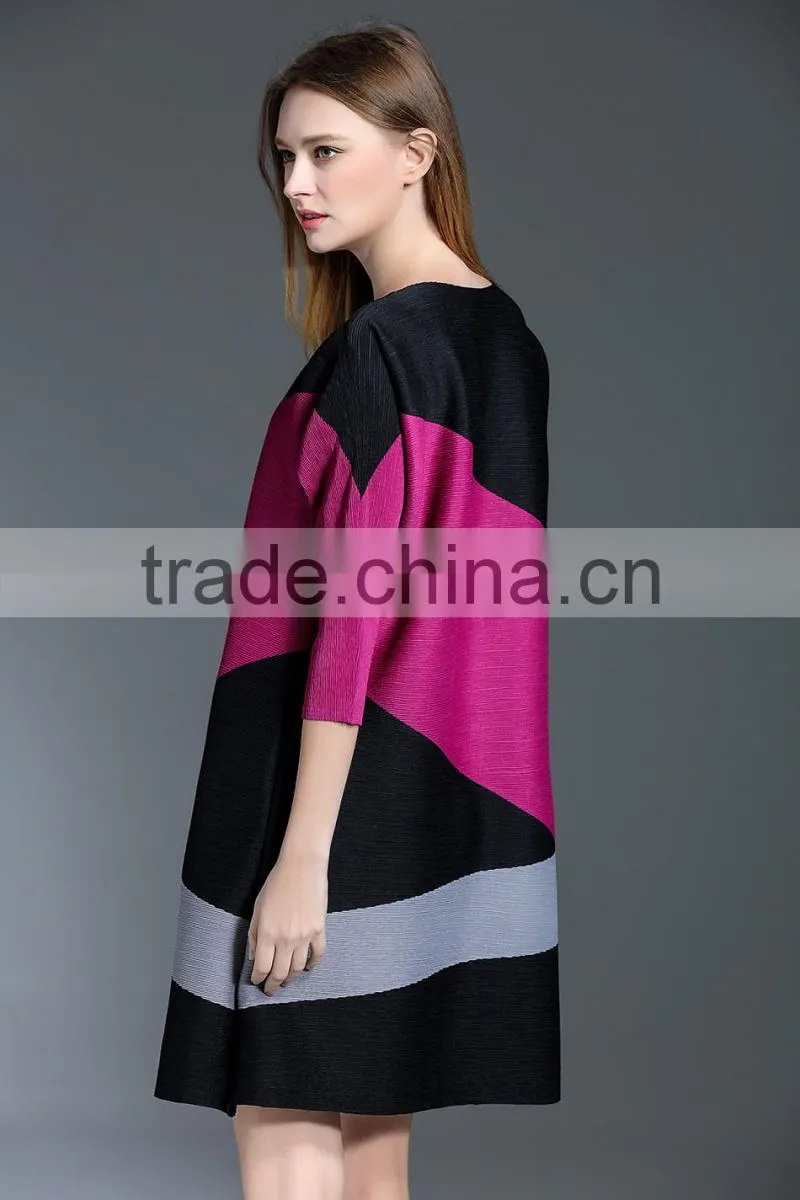 Female patchwork contrast color crinkle spring A-line dresses