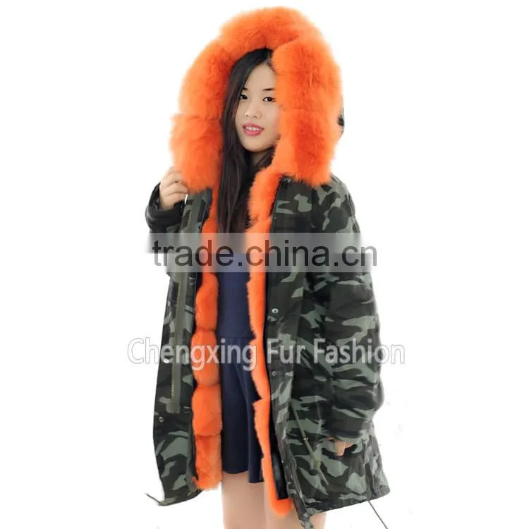CX-G-P-03B Fashionable Women Winter Real Rex Rabbit Fur Lined 2016 New Latest Ladies Fox Fur Hooded Wholesale Parka Jacket