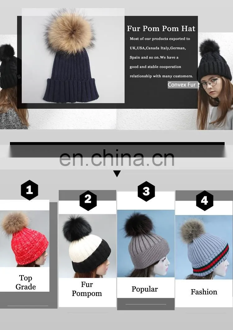 Fluffy large fur pompom hats real raccoon fur knitted hats wholesale winter hats