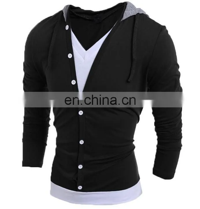 New Fashion Mens V Neck Long Sleeve Slim Fit Hooded Casual T-Shirt Tops Tee Shirts