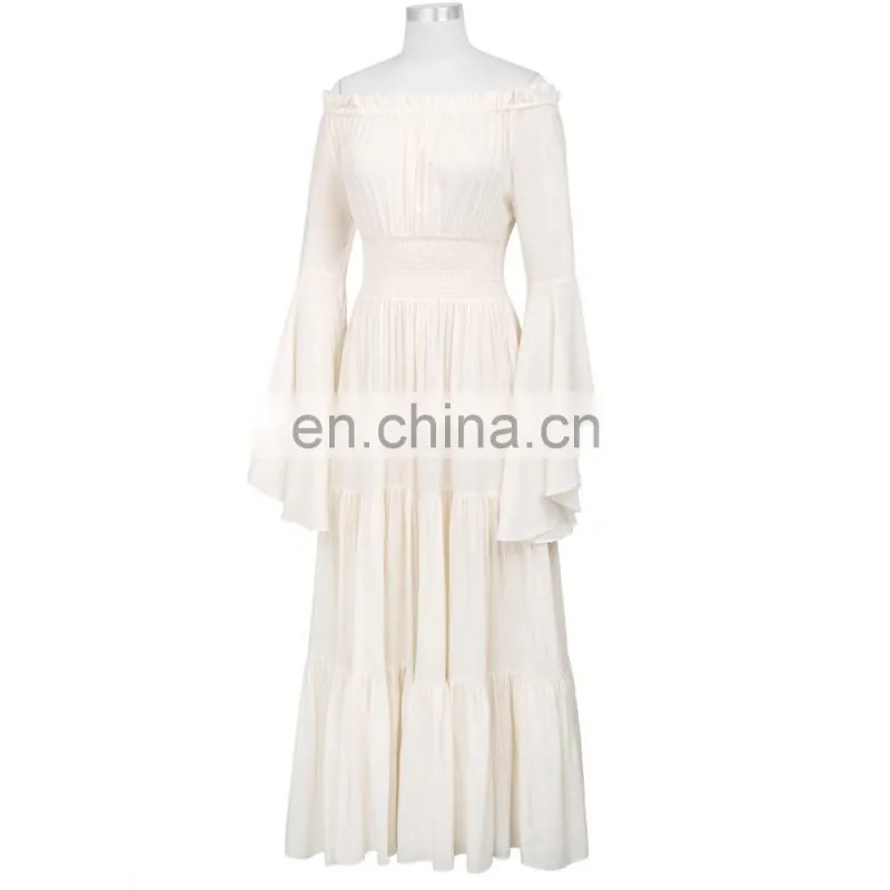 Belle Poque Retro Vintage Long Bell Sleeves Off Shoulder Cotton Flared A-Line Beige Long Maxi Dress BP000401-1