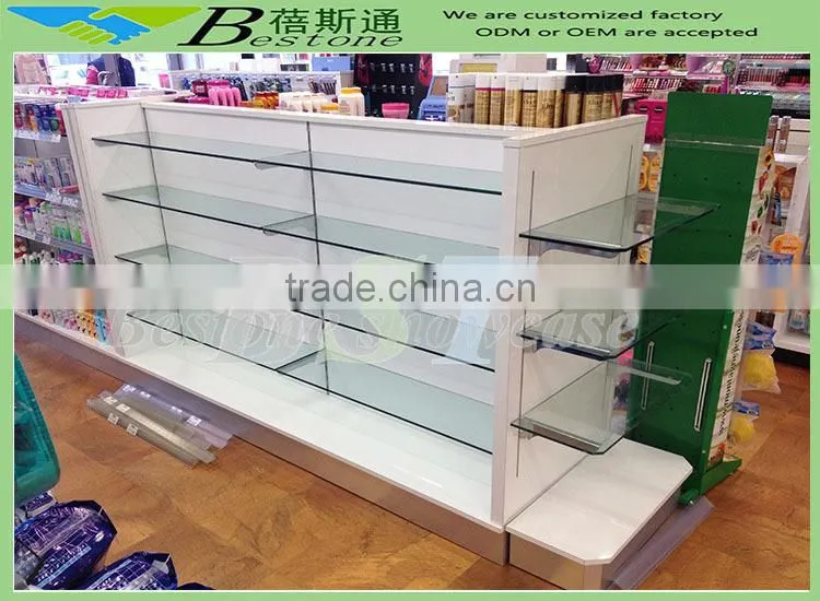 Retail store slatwall tempered glass gondola for pharmacy