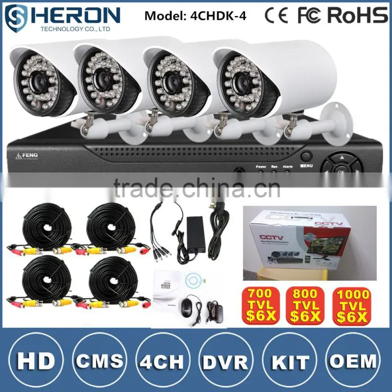 4/8/16ch HD 1000TVL H.264 P2P A key Internet DVR KITs security cctv camera system