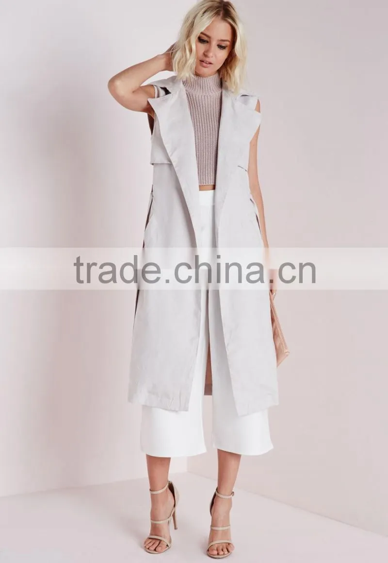 2015 Women Winter Sleeveless Long Faux Suede Trench Coat
