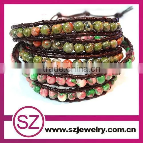 2013 fashion jewelry 5 wrap gemstone bead leather bracelet