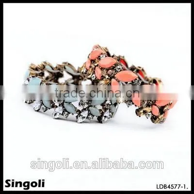 Yiwu imitation jewellery Bobo style crystalline two tiers seablue epoxy fresh paved resin crystal bead hollow 22k gold bangle