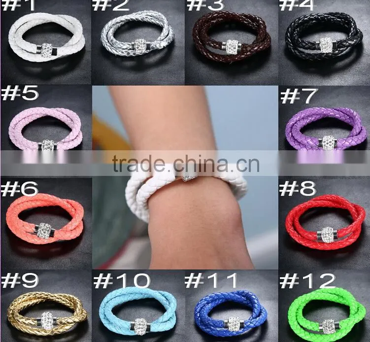 2014 leather bracelet, crystal rhinestone bracelet, leather rhinestone bracelet, genuine leather womens magnetic bracelet