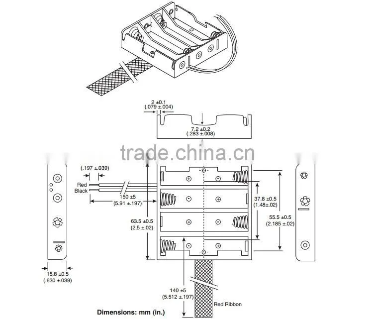 4 "AA" Battery Holder w/ Leads and Ribbon,BH348-R battery holder ,AA battery holder