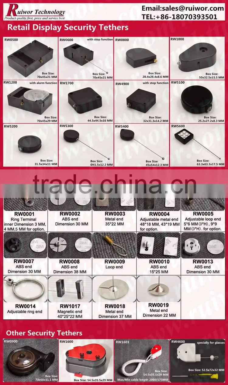 RuiWor RW0501 Cuboid Retracted Anti Theft Display Cord with Ring Terminal Cable End Install by 3M Adhesive Tape or Screw